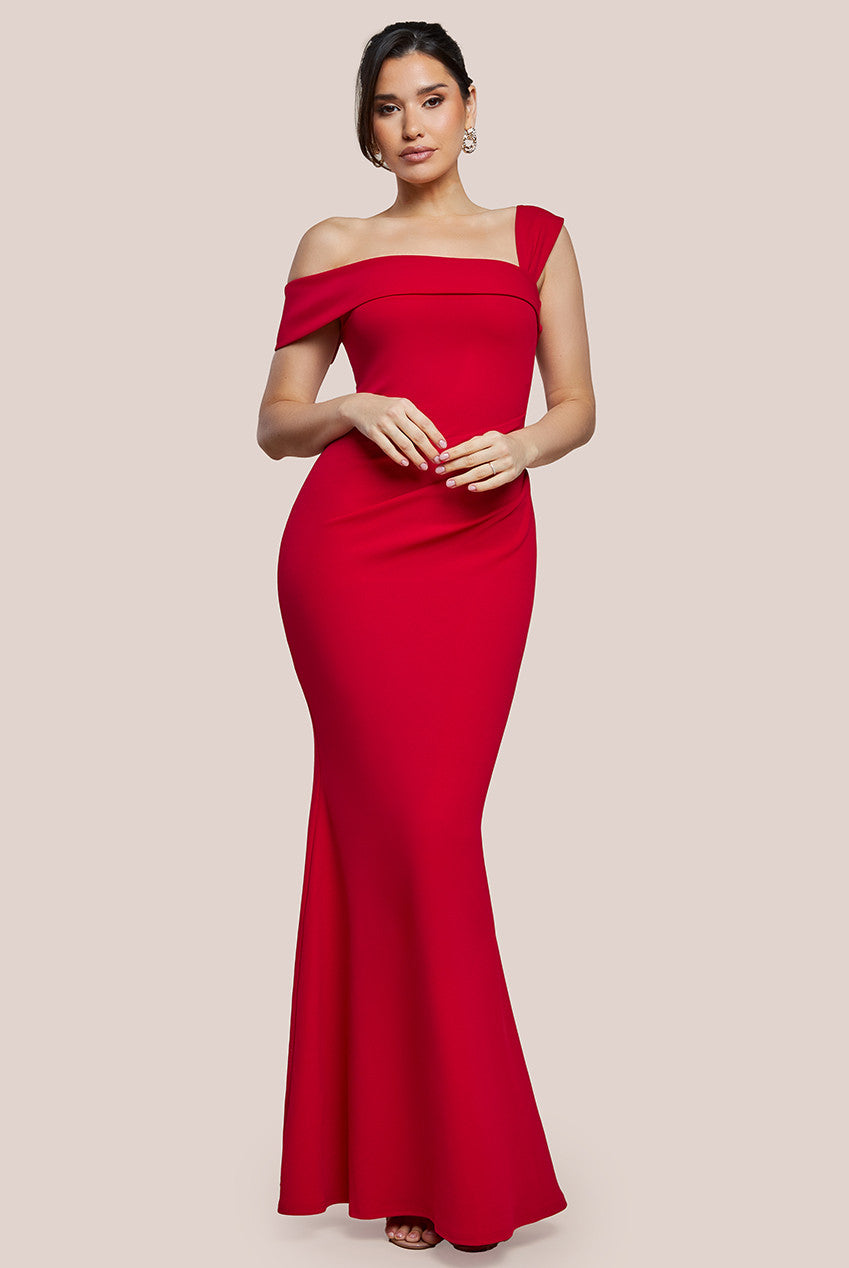 Goddiva Off The Shoulder Pleated Waist Maxi Dress - Red