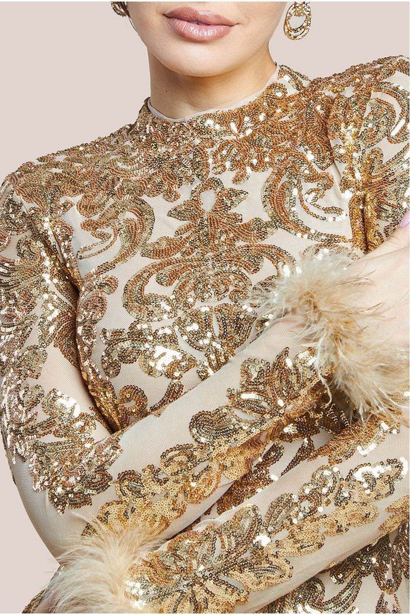 Goddiva Sequin High Neck Feather Cuff Maxi Dress - Gold