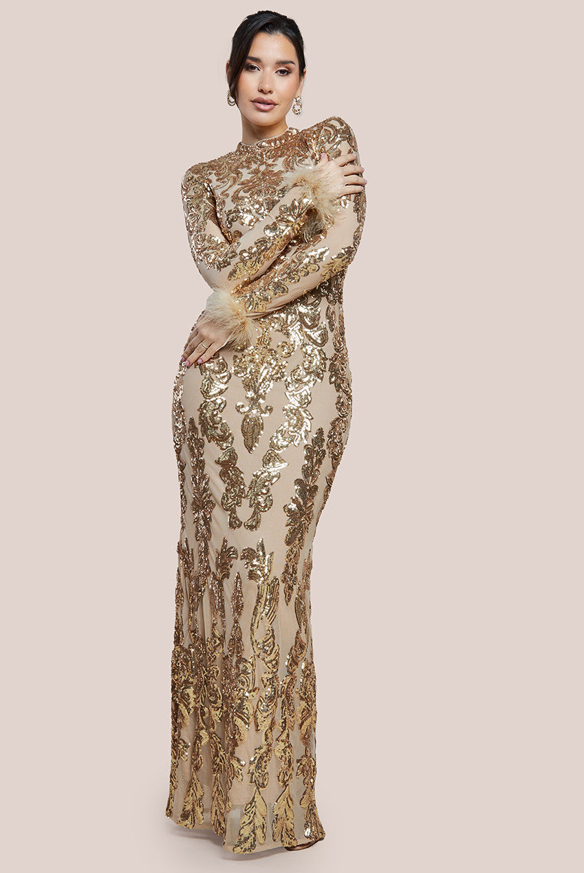 Goddiva Sequin High Neck Feather Cuff Maxi Dress - Gold