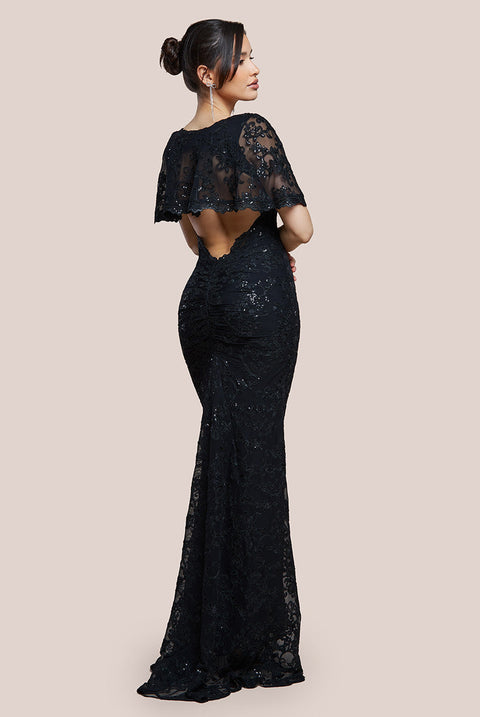 Goddiva Scalloped Cape Open Back Lace & Sequin Maxi Dress - Black