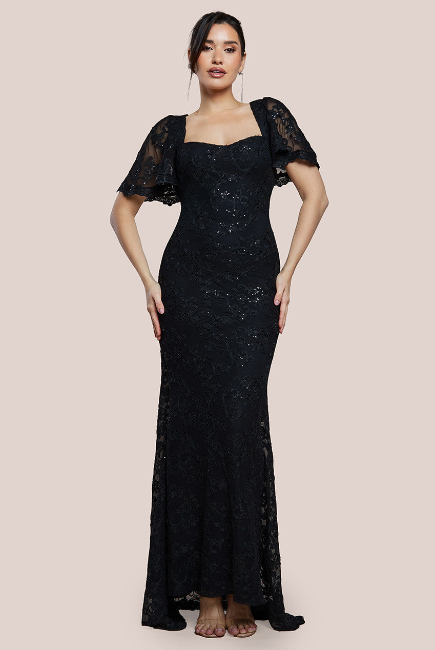 Goddiva Scalloped Cape Open Back Lace & Sequin Maxi Dress - Black