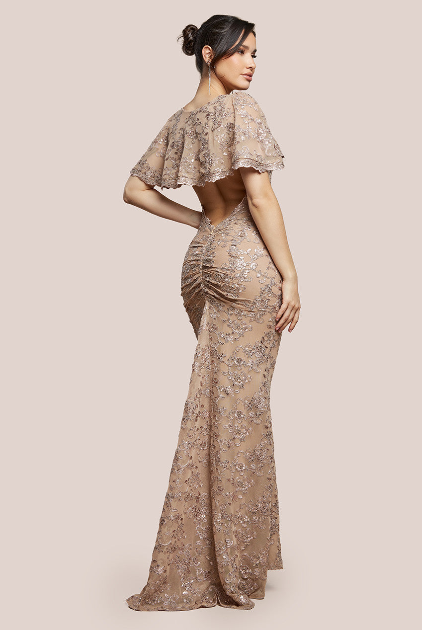 Goddiva Scalloped Cape Open Back Lace & Sequin Maxi Dress - Champagne