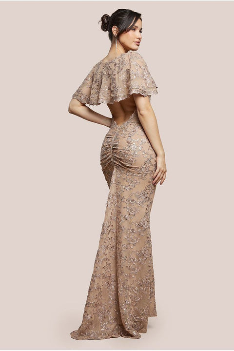 Goddiva Scalloped Cape Open Back Lace & Sequin Maxi Dress - Champagne