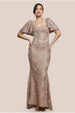 Goddiva Scalloped Cape Open Back Lace & Sequin Maxi Dress - Champagne