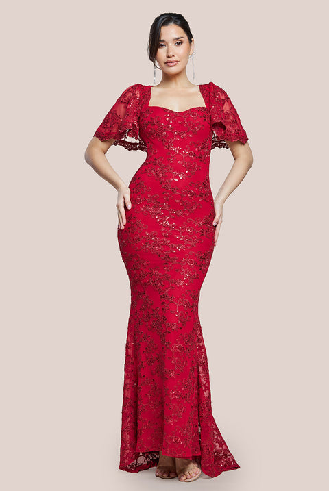 Goddiva Scalloped Cape Open Back Lace & Sequin Maxi Dress - Red