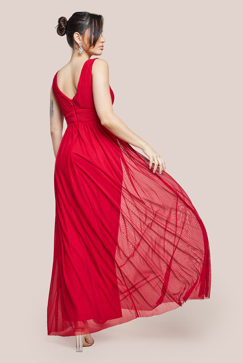 Goddiva Sleeveless Pleated Dobby Mesh Corsage Maxi Dress - Red