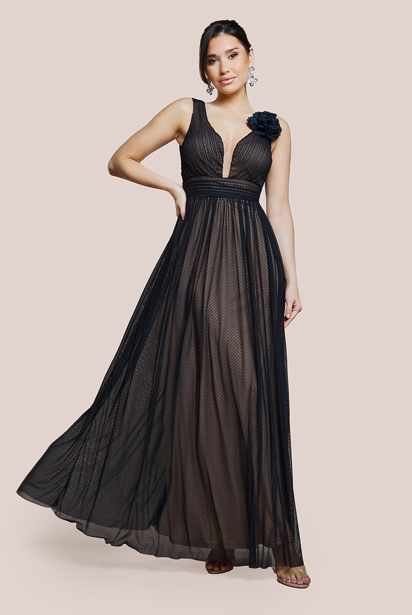 Goddiva Sleeveless Pleated Dobby Mesh Corsage Maxi Dress - Black