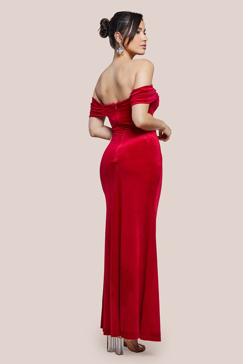 Goddiva Off The Shoulder Front Split Velvet Maxi Dress - Red