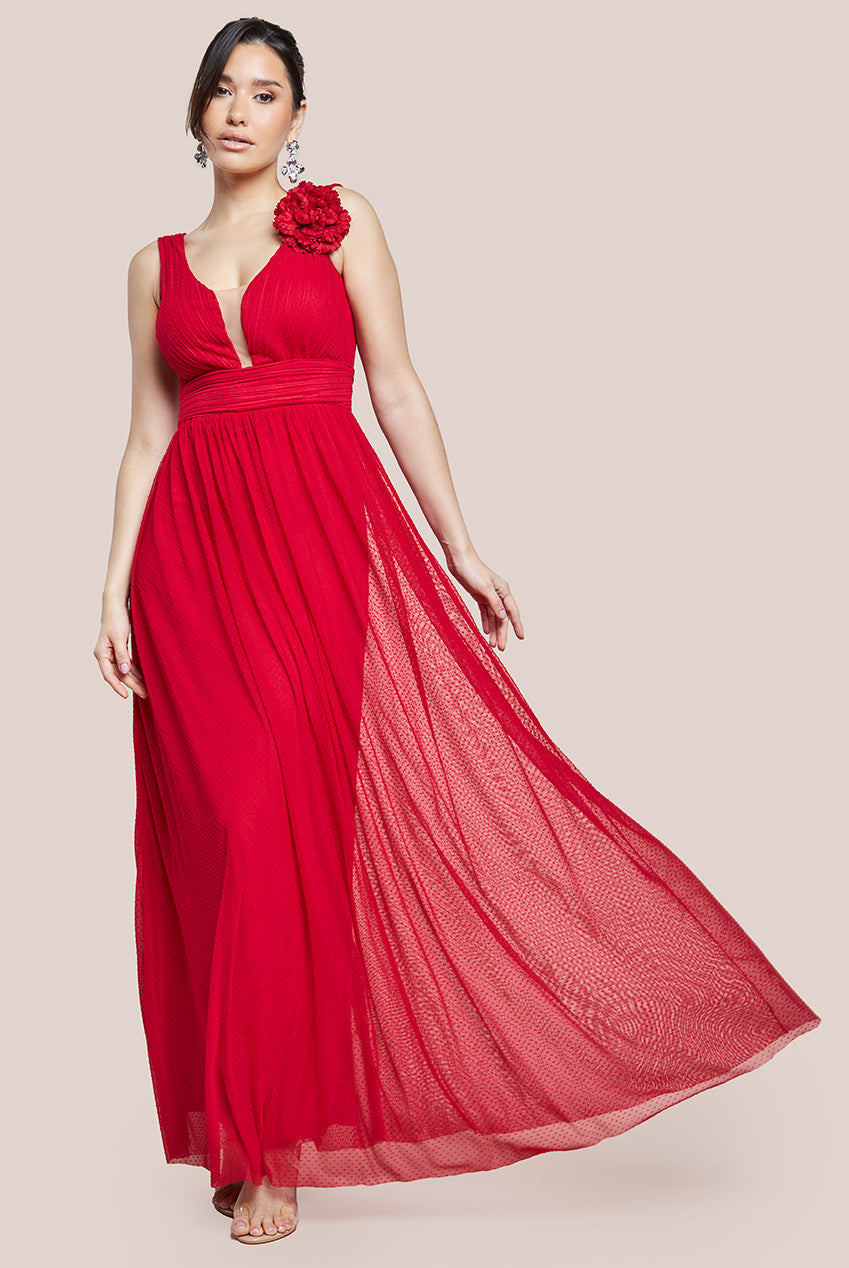 Goddiva Sleeveless Pleated Dobby Mesh Corsage Maxi Dress - Red