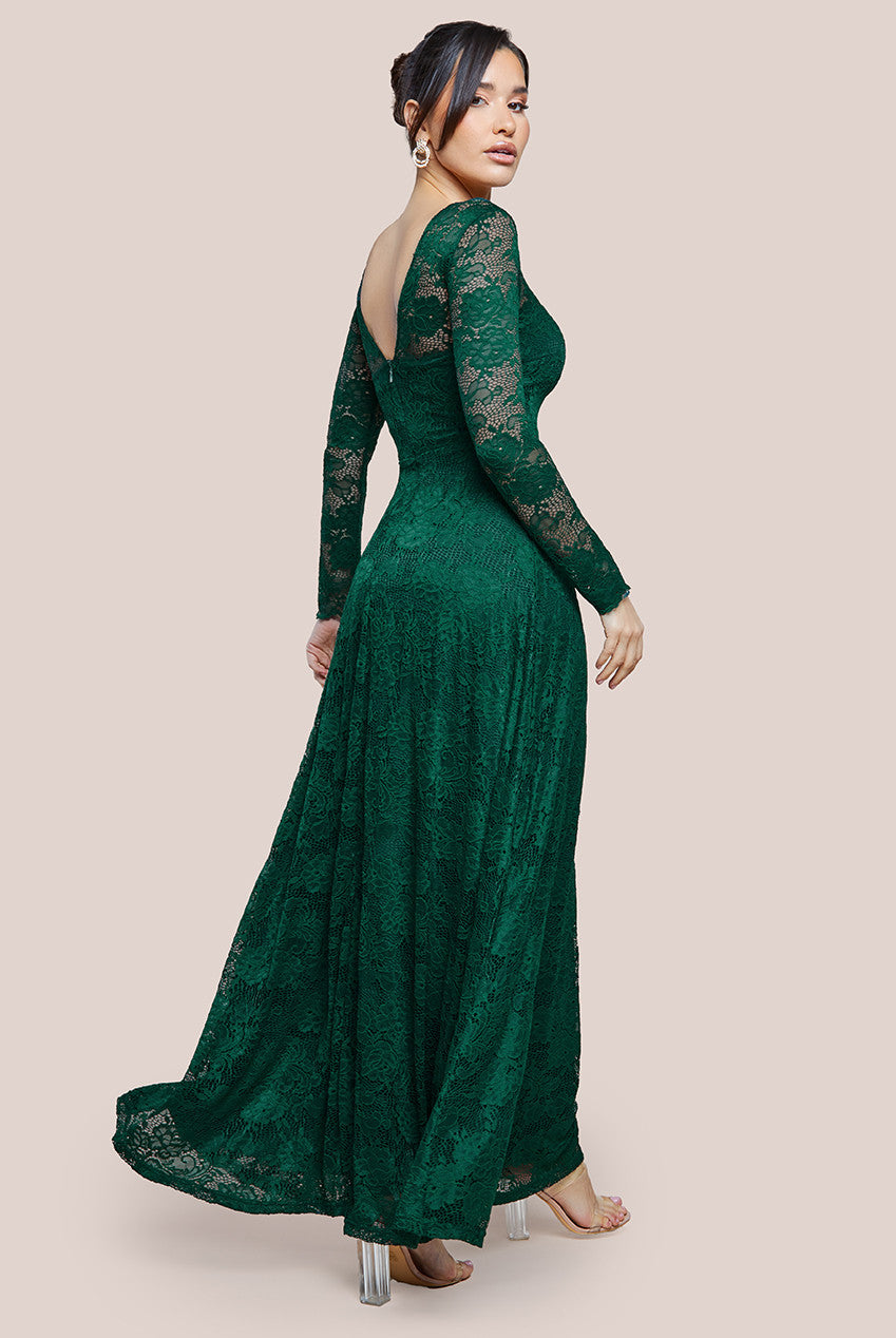 Goddiva Scalloped Lace A-Line Maxi Dress - Emerald Green