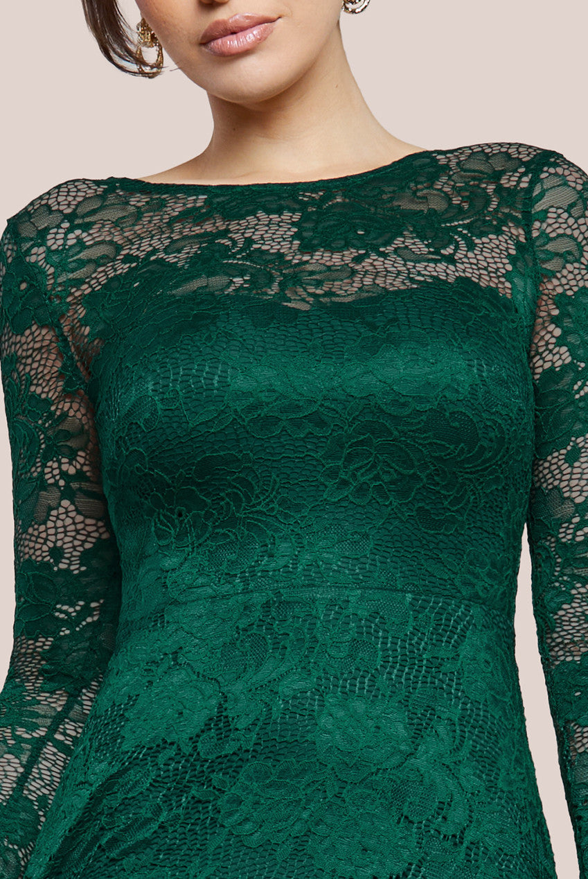 Goddiva Scalloped Lace A-Line Maxi Dress - Emerald Green