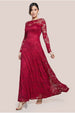 Goddiva Scalloped Lace A-Line Maxi Dress - Wine