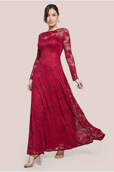 Wine - Goddiva Scalloped Lace A-Line Maxi Dress - Wine