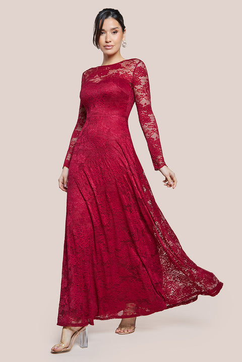 Goddiva Scalloped Lace A-Line Maxi Dress - Wine