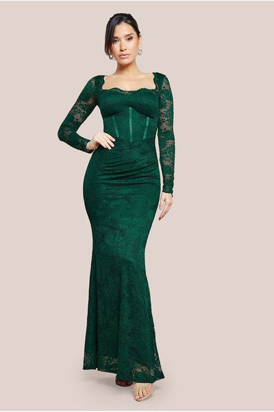 Emerald - Goddiva Scalloped Lace Corset Bodice Maxi Dress - Emerald Green