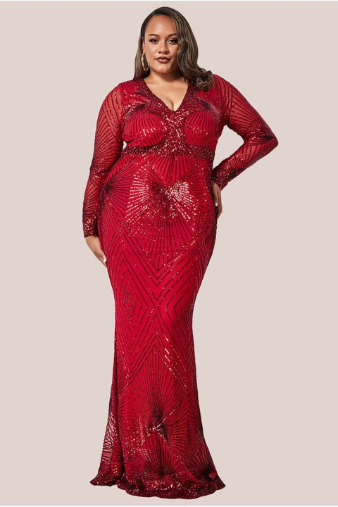 Goddiva Plus Starburst Sequin Maxi Dress - Red