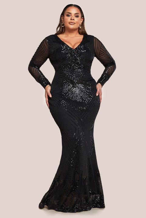 Goddiva Plus Starburst Sequin Maxi Dress - Black