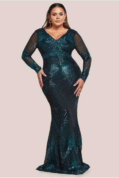 Emerald - Goddiva Plus Starburst Sequin Maxi Dress - Emerald