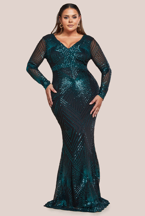 Goddiva Plus Starburst Sequin Maxi Dress - Emerald