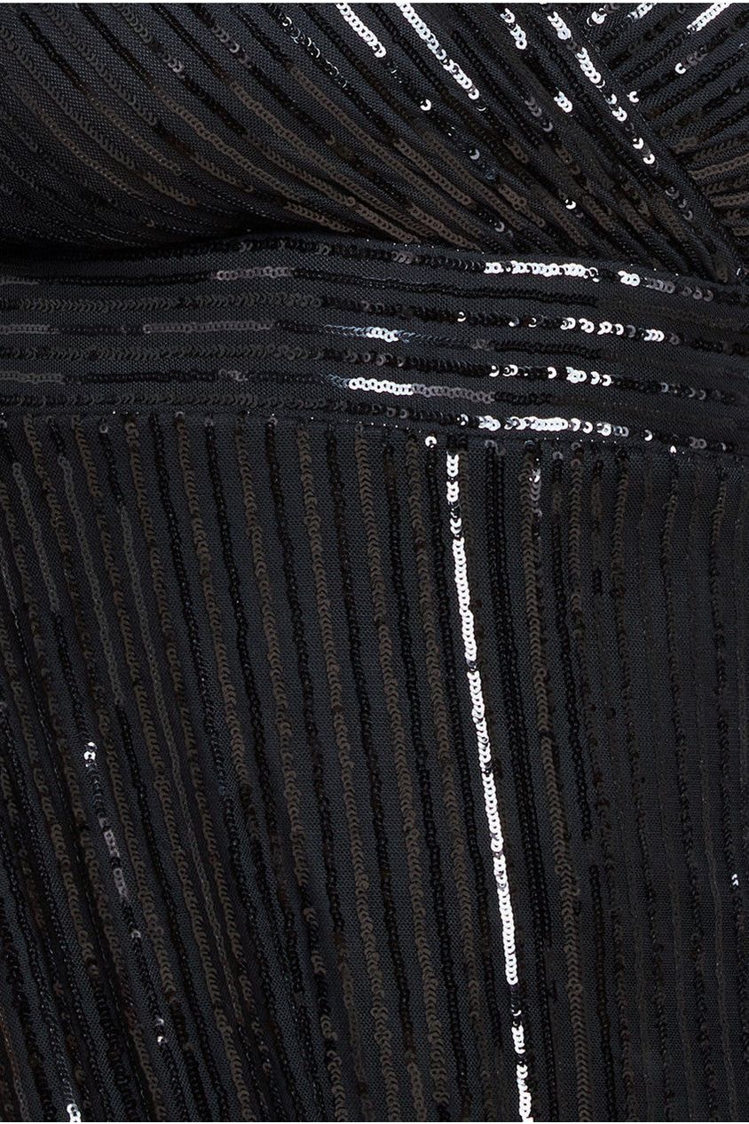 Goddiva Plus Long Sleeve Sequin V Wrap Maxi Dress - Black