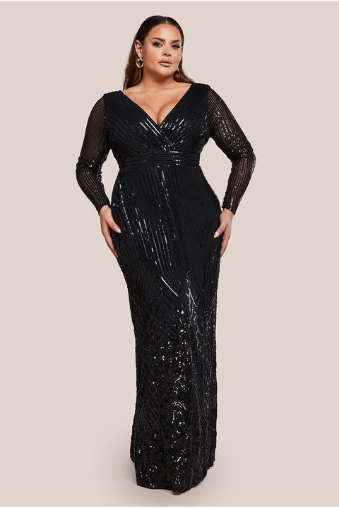 Goddiva Plus Long Sleeve Sequin V Wrap Maxi Dress - Black