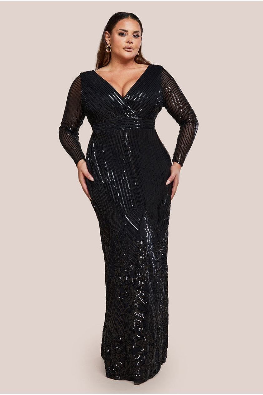 Goddiva Plus Long Sleeve Sequin V Wrap Maxi Dress - Black