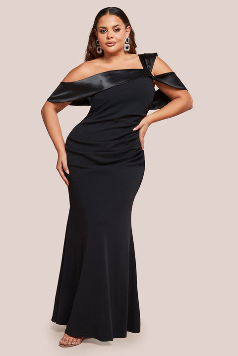 Goddiva Plus One Shoulder Satin Band Maxi Dress - Black