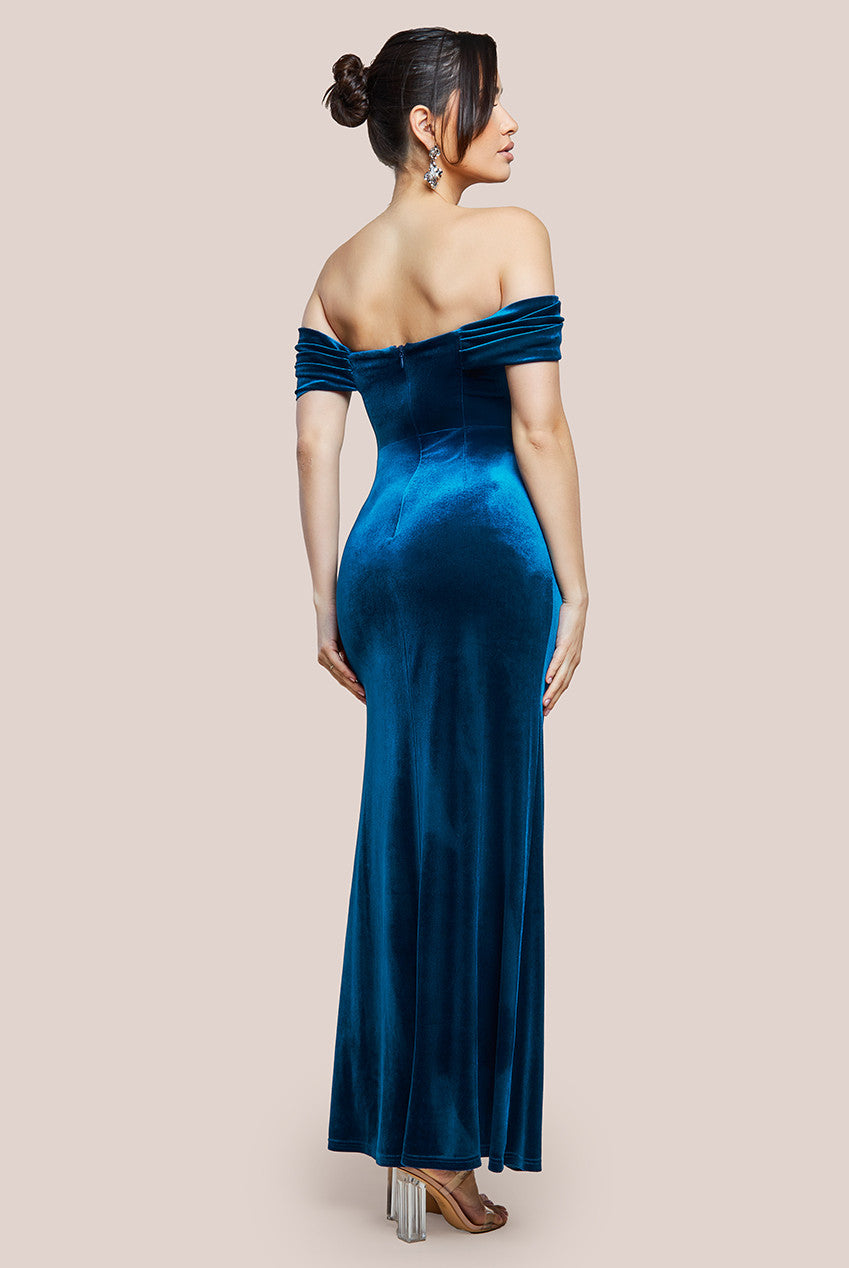 Goddiva Off The Shoulder Front Split Velvet Maxi Dress - Teal