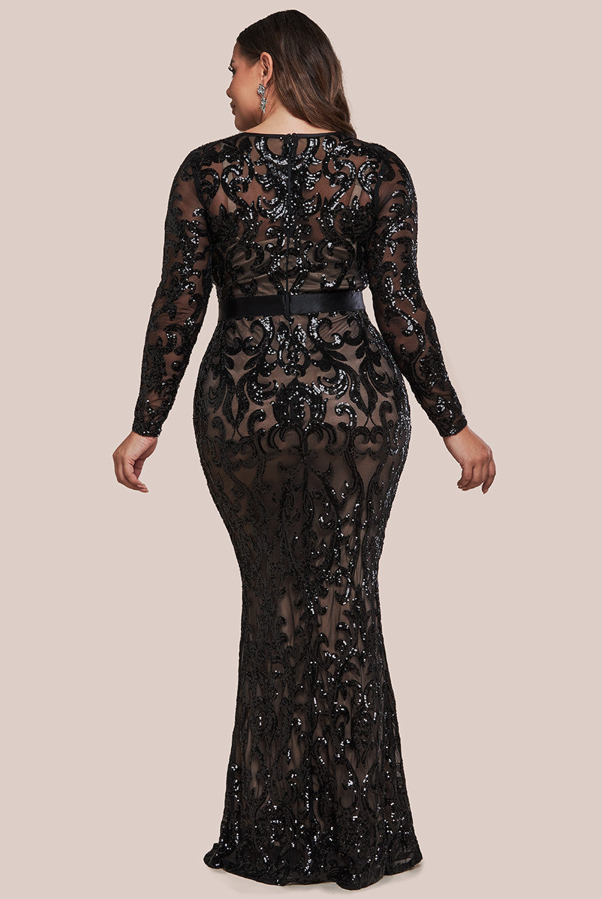 Goddiva Plus Embroidered Sequin & Mesh Maxi Dress - Black