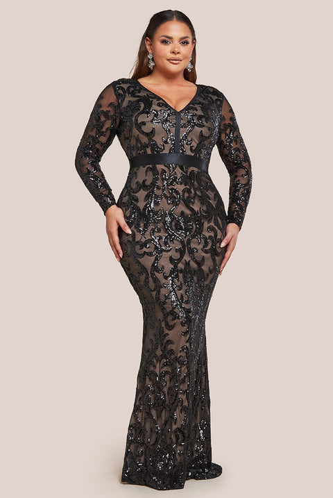 Goddiva Plus Embroidered Sequin & Mesh Maxi Dress - Black