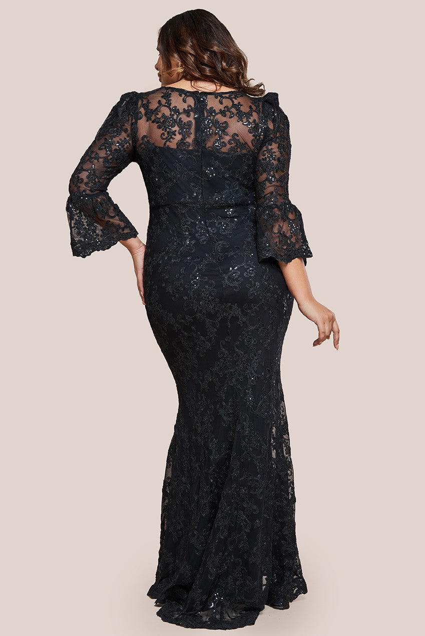 Goddiva Plus Scalloped Lace Maxi Dress - Black