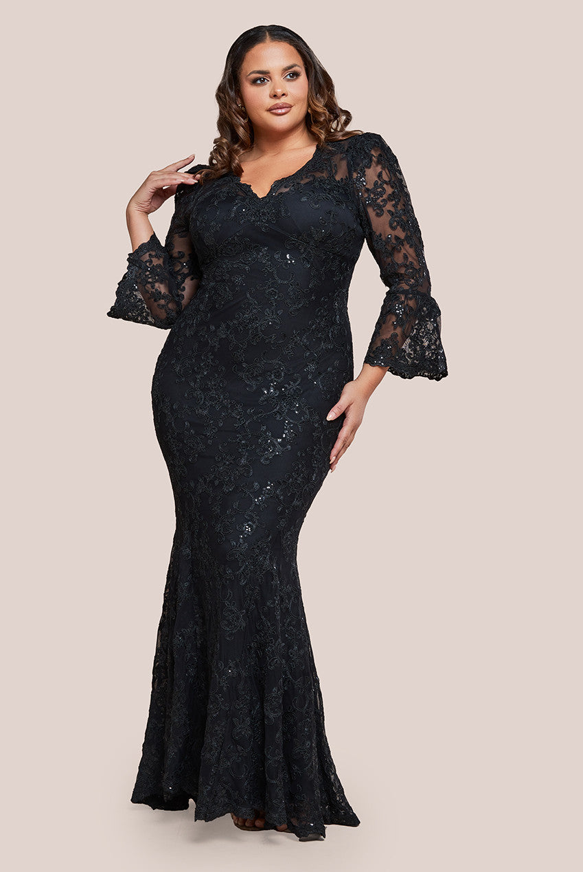 Goddiva Plus Scalloped Lace Maxi Dress - Black