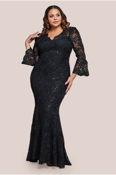 Goddiva Plus Scalloped Lace Maxi Dress - Black