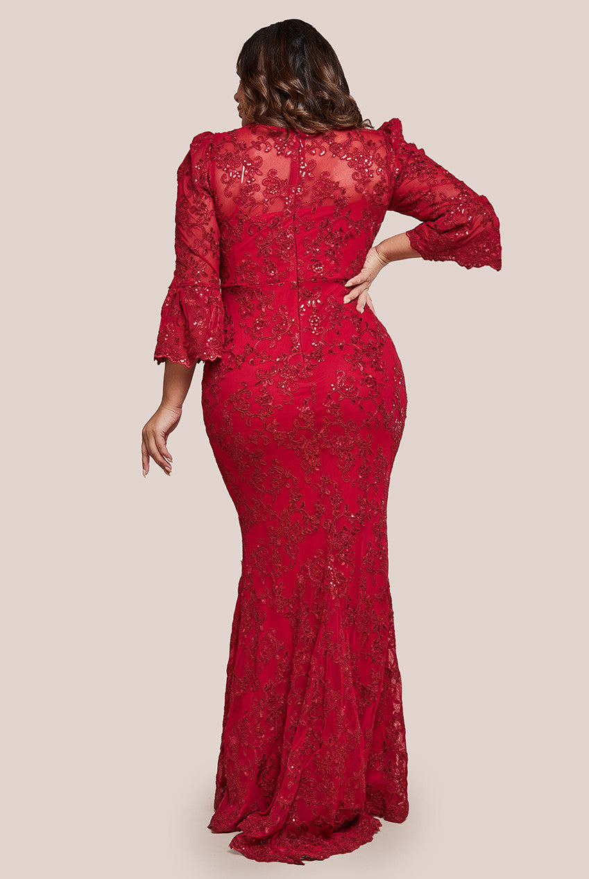 Goddiva Plus Scalloped Lace Maxi Dress - Red