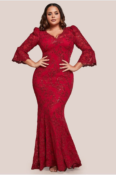 Red - Goddiva Plus Scalloped Lace Maxi Dress - Red