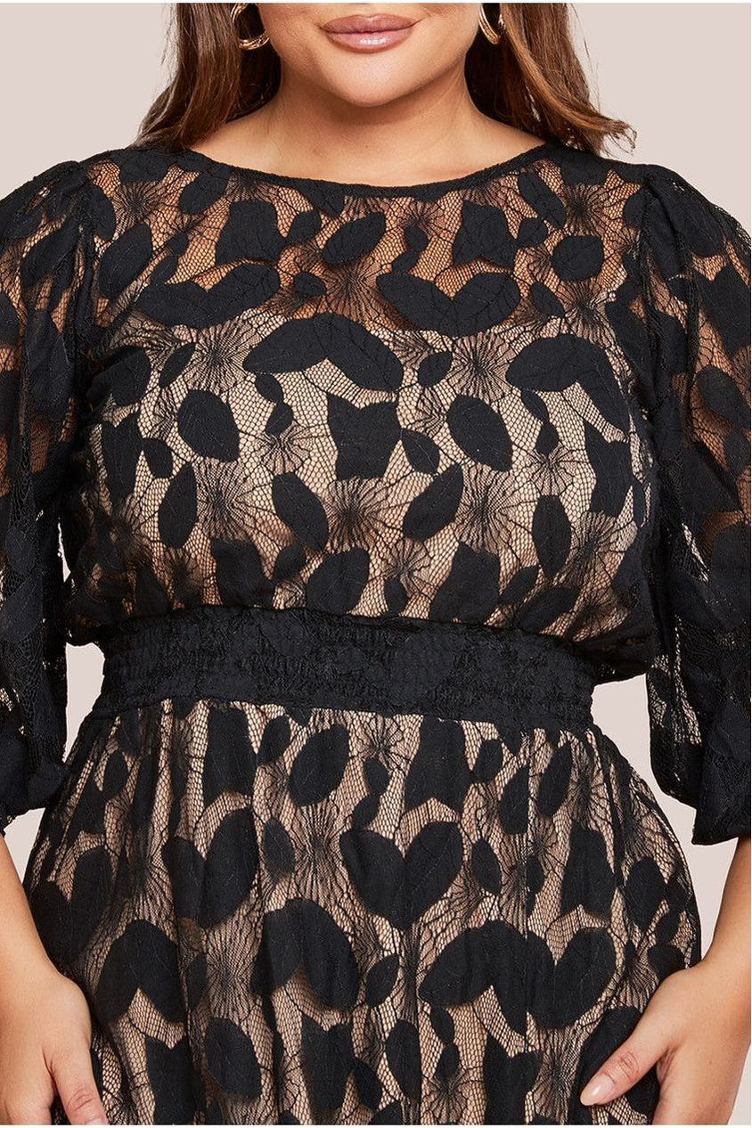 Goddiva Plus Lace Front Split Long Sleeve Maxi Dress - Black