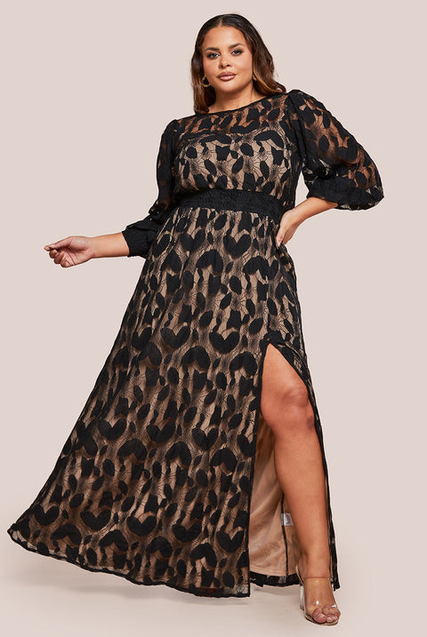 Goddiva Plus Lace Front Split Long Sleeve Maxi Dress - Black