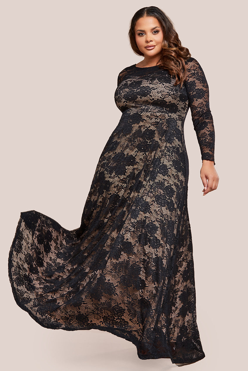 Goddiva Plus Scalloped Lace A-Line Maxi Dress - Black