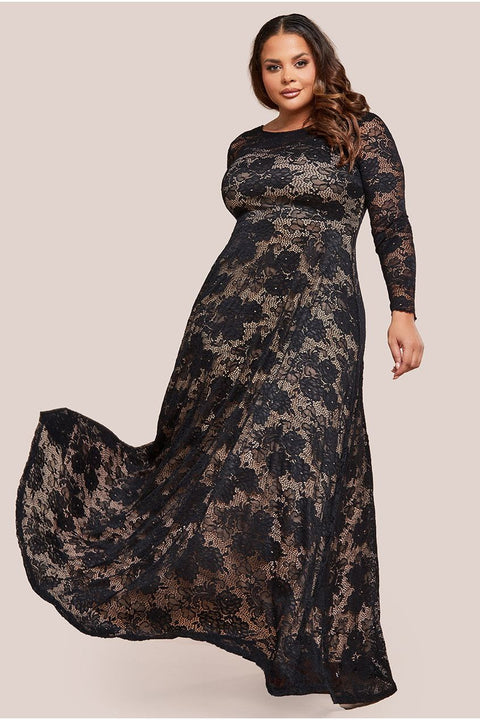 Goddiva Plus Scalloped Lace A-Line Maxi Dress - Black