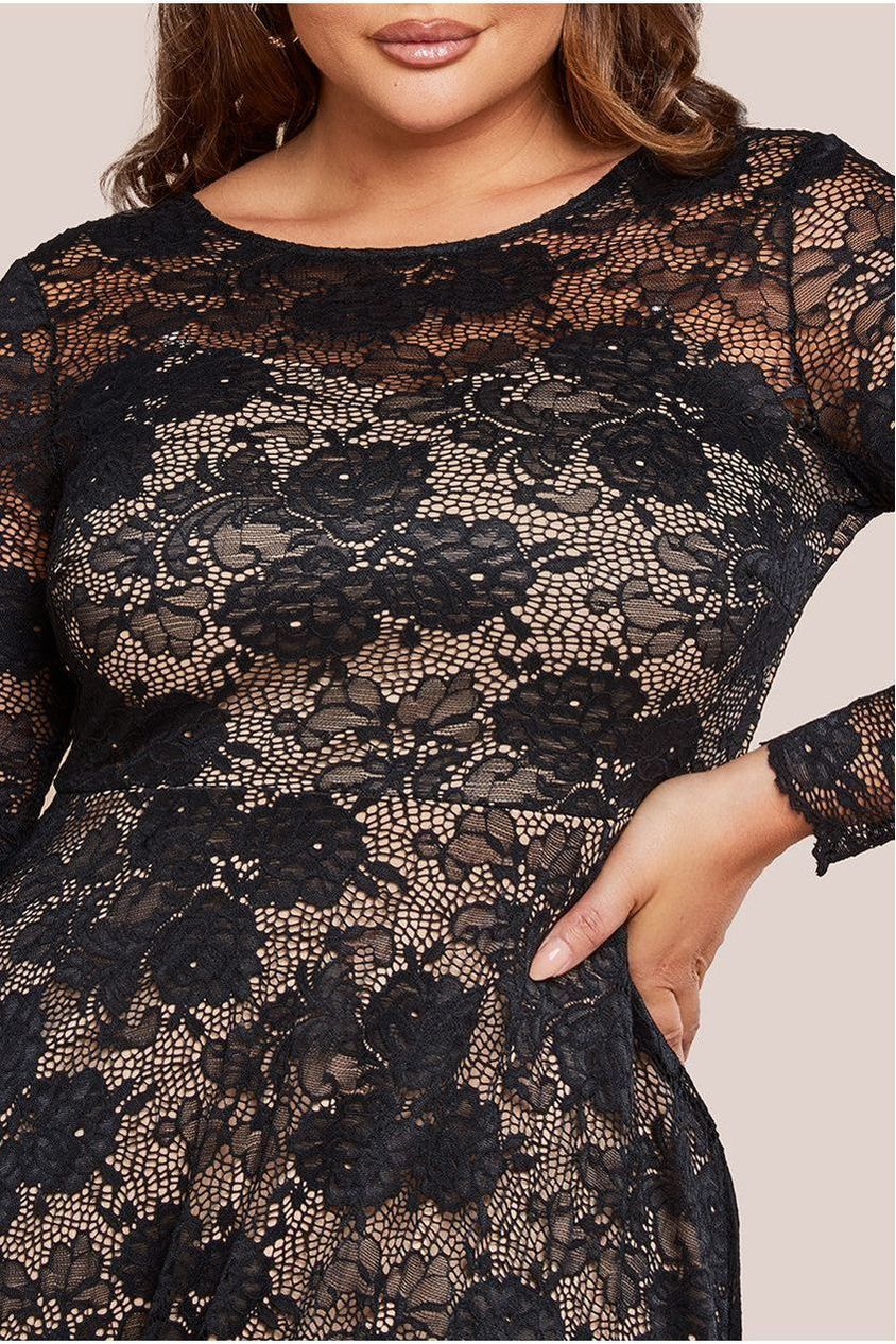 Goddiva Plus Scalloped Lace A-Line Maxi Dress - Black