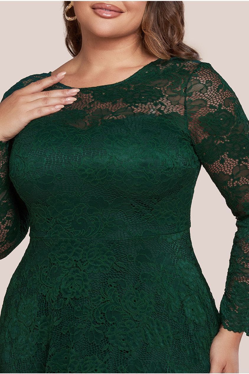 Goddiva Plus Scalloped Lace A-Line Maxi Dress - Emerald Green