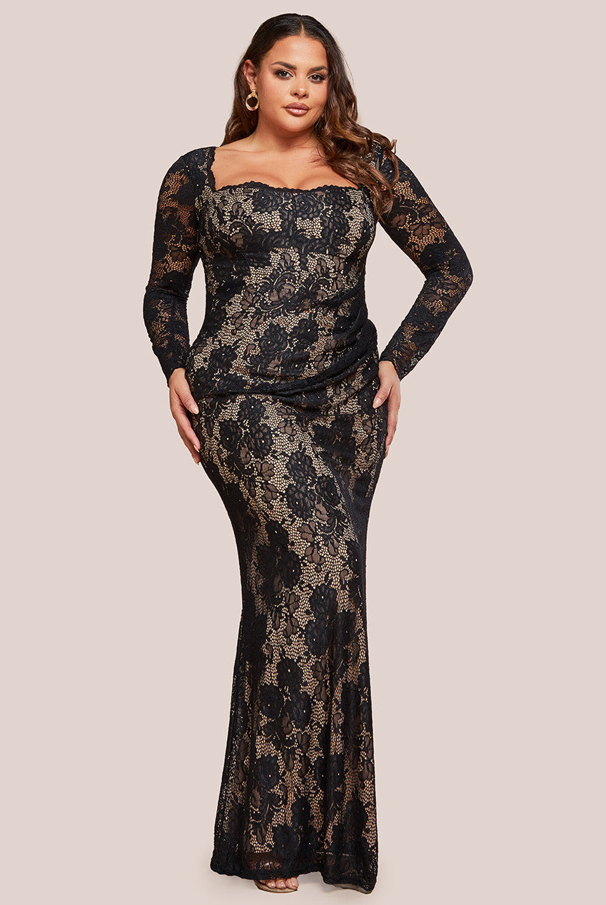 Goddiva Plus Scalloped Lace Corset Bodice Maxi Dress - Black