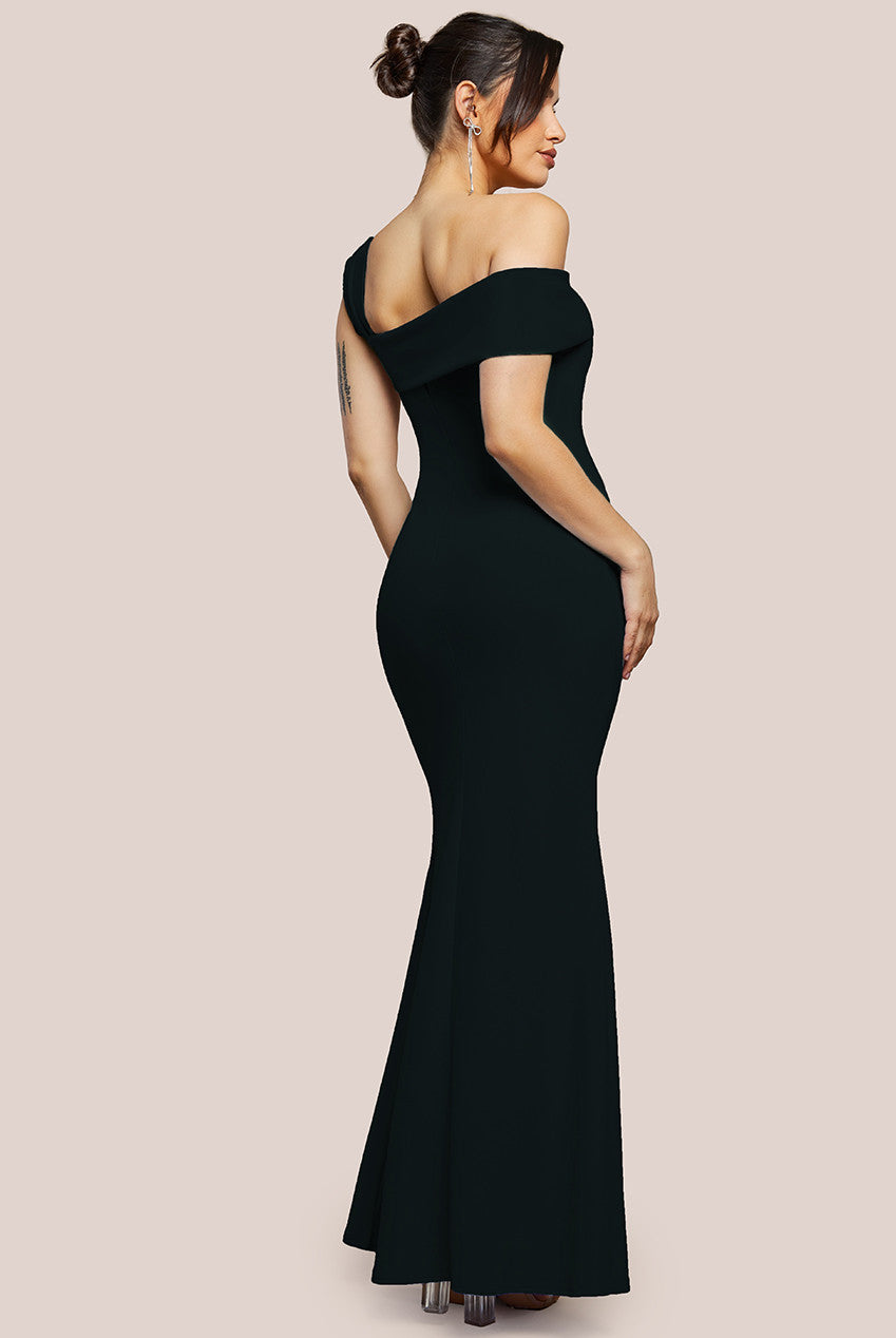 Goddiva Off The Shoulder Pleated Waist Maxi Dress - Black