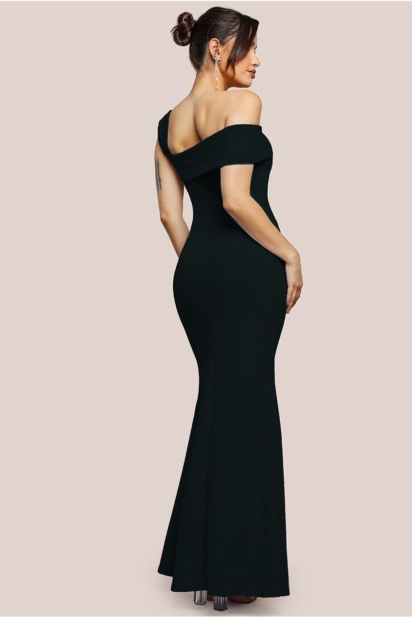 Goddiva Off The Shoulder Pleated Waist Maxi Dress - Black