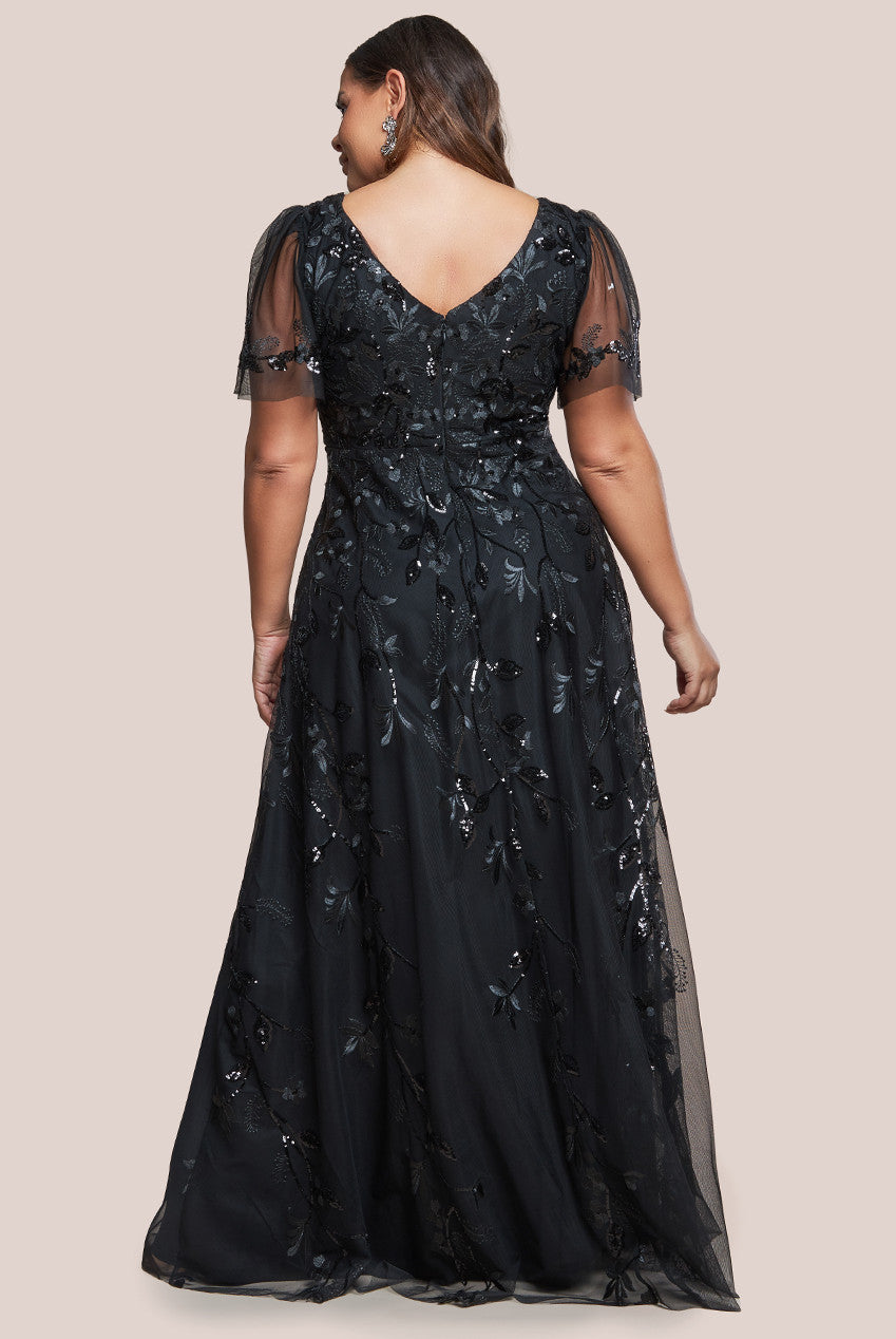 Goddiva Plus Flared Sleeve Embroidered Maxi Dress - Black