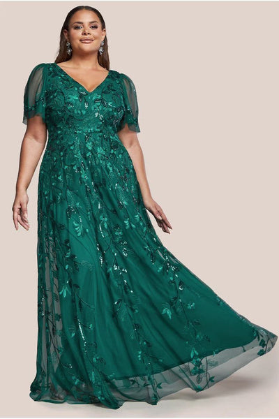 Emerald - Goddiva Plus Flared Sleeve Embroidered Maxi Dress - Emerald