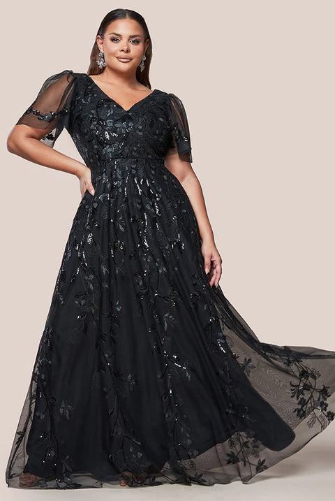 Goddiva Plus Flared Sleeve Embroidered Maxi Dress - Black