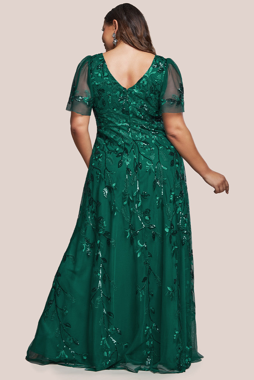 Goddiva Plus Flared Sleeve Embroidered Maxi Dress - Emerald