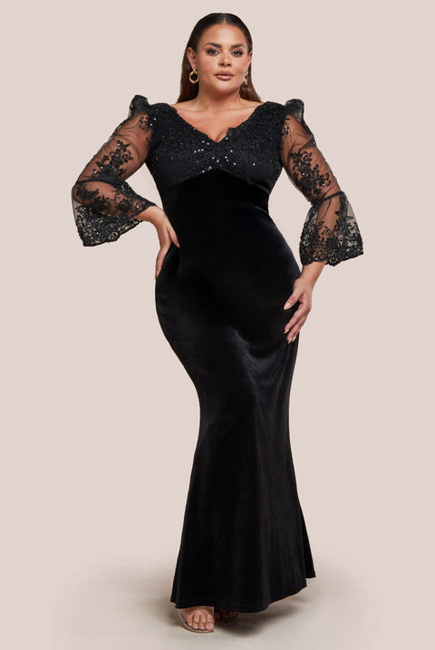 Goddiva Plus Scalloped Lace & Velvet Maxi Dress - Black