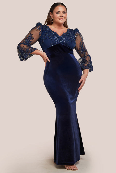 Goddiva Plus Scalloped Lace & Velvet Maxi Dress - Navy